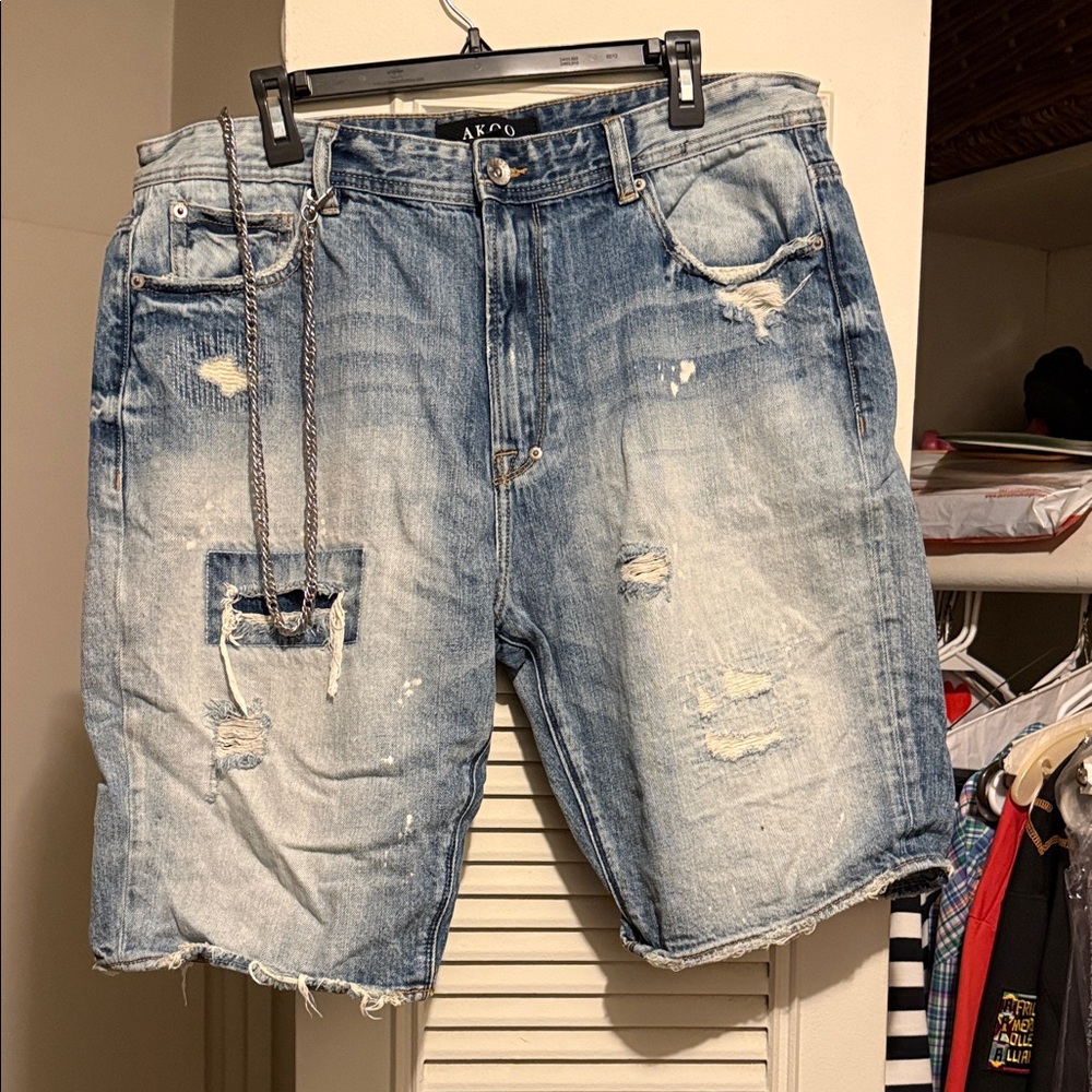 AKOO Light Wash Distressed Denim Shorts